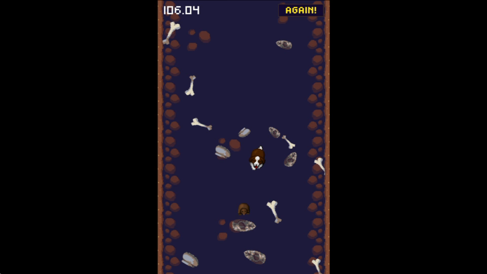 Diggy gameplay showing the dog in a top-down level with obstacles and collectibles.