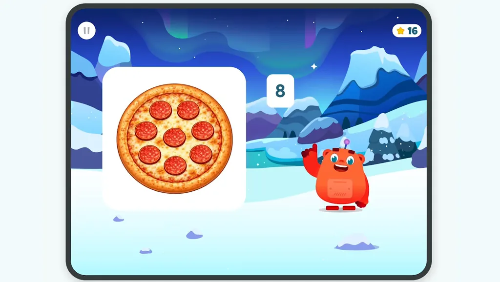 A counting activity shows eight pepperoni slices beside a cheerful character in a snowy landscape.
