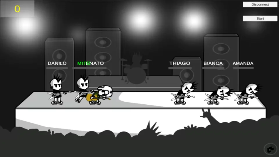Metal Royale gameplay showing several guitarists on a concert stage above the crowd.