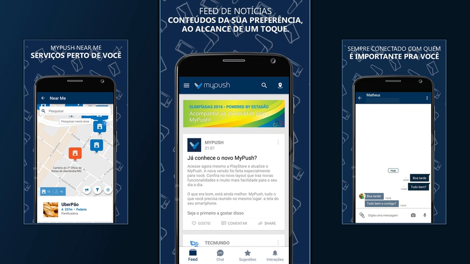 Three MyPush Android screens for nearby services, the news feed, and chat, with the news feed centered.