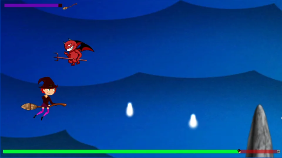 Pandora gameplay showing a witch and red demon flying over hazards in a layered blue sky, with HUD meters visible.