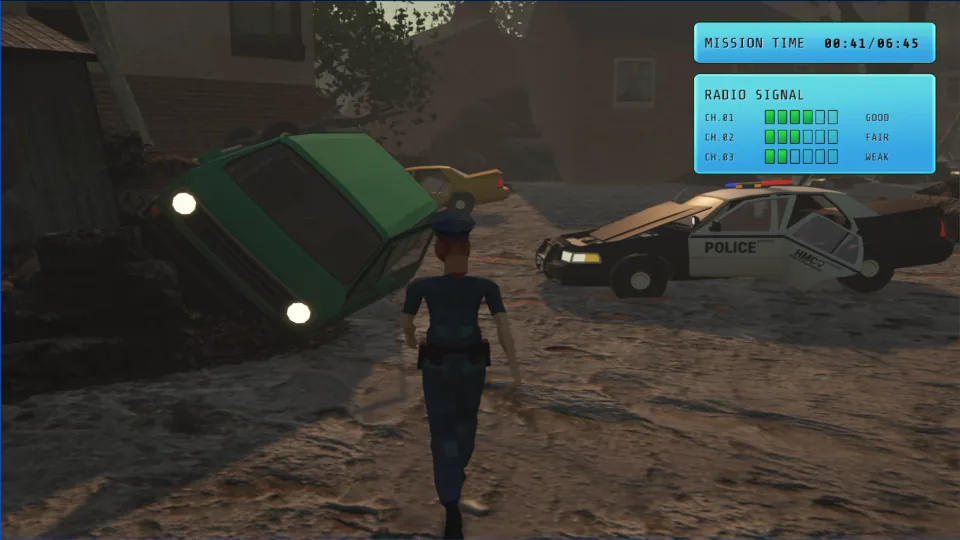 A rescue worker walks between an overturned car and a damaged police car; the HUD shows three radio signals at different strengths.