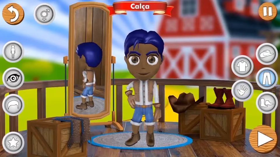 Character customization screen showing an avatar choosing trousers in Tabuada na Fazenda.