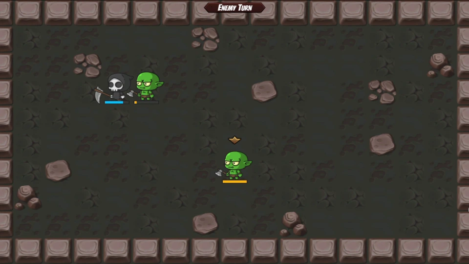 Turn-based combat in Wallace’s Quest with two goblin units facing a skeleton enemy.